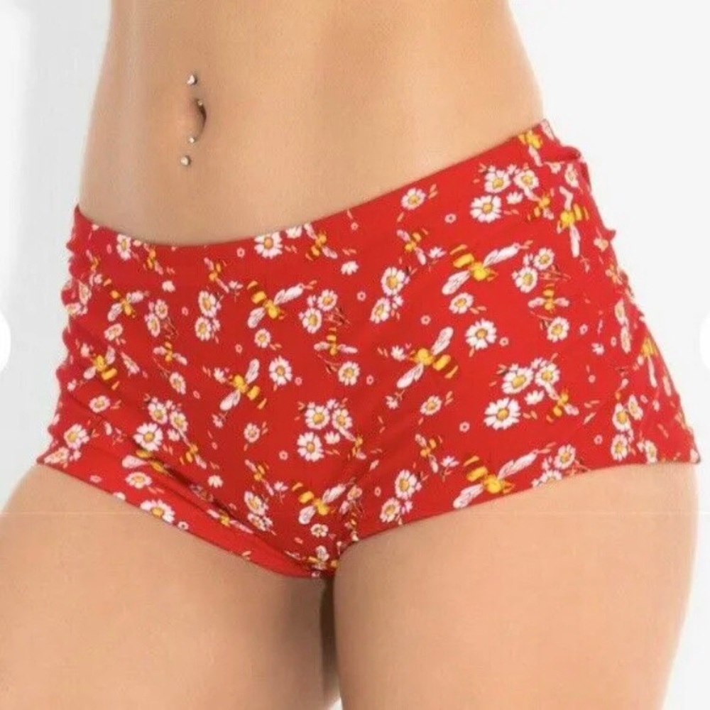 Hot Topic Swimsuit Bikini Small Bottom Boy Shorts Red Yellow Bees NEW Cheeks